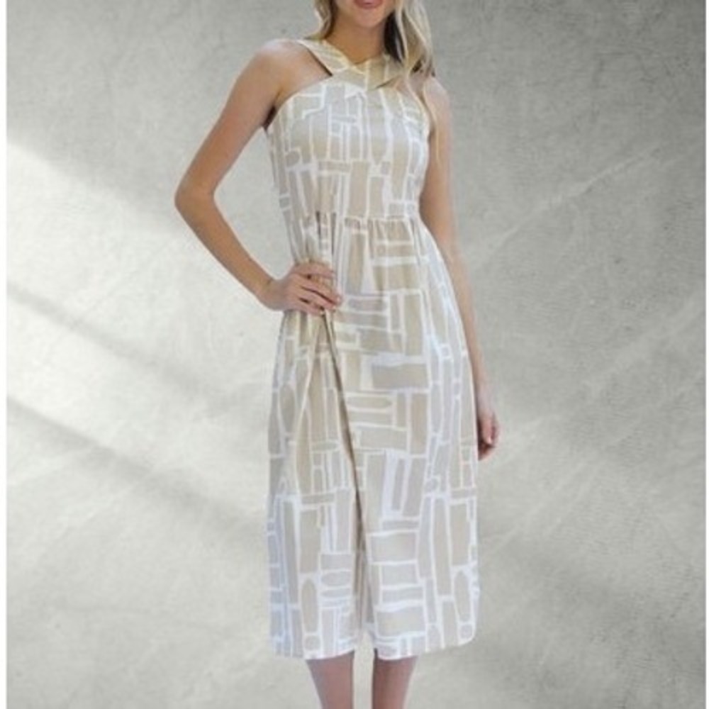 Michelle McDowell Dress NWT Large‎ Tan White Midi A Line Halter Cross Neck